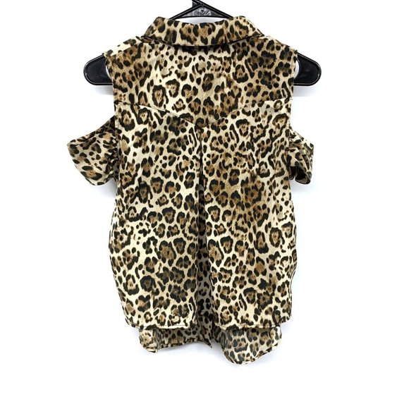 WAYF Top Brown Black Leopard Print Button Blouse Cold Shoulder - Picture 8 of 12